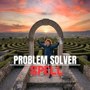 May include: A woman stands triumphantly in front of a stone archway, holding a map, with a hedge maze in the background. The text "PROBLEM SOLVER SPELL" is overlaid on the image, set against a sunset sky.