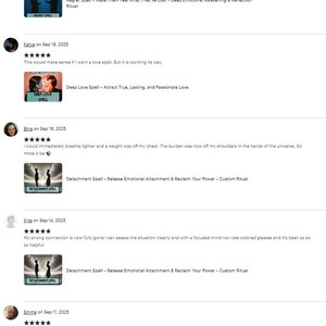 以下が含まれることがあります： Etsyショップのレビューのスクリーンショット。レビューは、呪文を購入した顧客からのものです。レビューには、日付、顧客名、5つ星評価が含まれます。呪文には、Regret Spell、Deep Love Spell、Detachment Spellが含まれます。