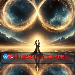 Könnte beinhalten: Ein künstlerische digitale Illustration mit einer Silhouette eines Paares vor einem himmlischen Hintergrund. Das Bild enthält den Text "Eternal Love Spell" in einem Banner, mit einem Unendlichkeitssymbol und Herzsymbolen.