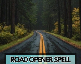 May include: A winding road with yellow lines through a dense forest. The asphalt is wet, reflecting the surrounding trees. A teal banner at the bottom reads "ROAD OPENER SPELL".