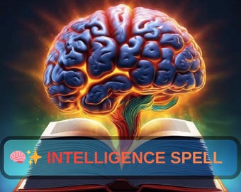 May include: A digital illustration featuring a glowing brain above an open book. The brain is blue with orange highlights, and the book has the words "INTELLIGENCE SPELL" on a banner. The background is dark blue.