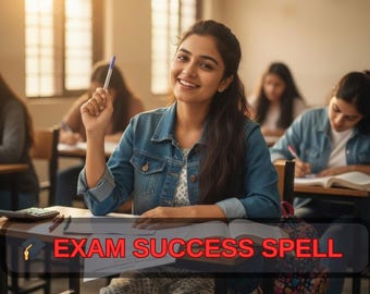 May include: A smiling student in a denim jacket holds a pen in a classroom setting. The text "EXAM SUCCESS SPELL" is displayed in a red banner at the bottom of the image. Other students are visible in the background.