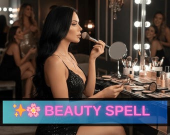 May include: A woman applying makeup at a vanity with a lighted mirror. She is wearing a black sequined dress. The vanity is covered with makeup products and brushes. The image has the text "BEAUTY SPELL" in a banner.