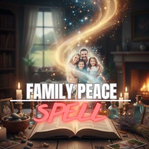 May include: An image featuring the text "FAMILY PEACE SPELL" above an open book. A family of four is in the background, with glowing light effects. Candles, stones, and bottles are on the table, creating a mystical theme.