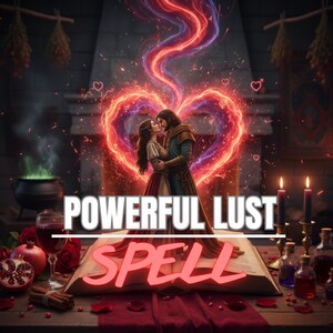 May include: An illustration of a couple embracing within a heart-shaped flame, with the words "POWERFUL LUST SPELL" overlaid. The scene includes candles, potions, and a cauldron, suggesting a mystical theme.