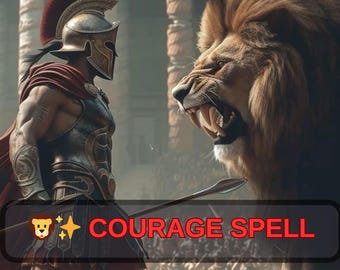 May include: An illustration shows a Spartan warrior confronting a roaring lion. The warrior wears armour and a helmet, holding a spear. The image includes the text "COURAGE SPELL" in a banner with a bear and star icon.