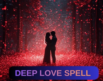 Puede incluir: Una escena romántica de una pareja abrazándose en un bosque lleno de confeti en forma de corazón rojo. El texto "DEEP LOVE SPELL" se muestra en una pancarta azul y morada en la parte inferior de la imagen. La escena está iluminada con luz roja.