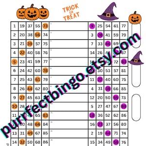 May include: Halloween-themed bingo card with orange pumpkins, witch hats, and a black cat graphic. The card features a grid of numbers and the text "Trick or Treat". The website purrfectbingo.etsy.com is displayed.