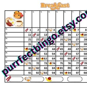 Breakfast Themed 100 Ball Grid Bingo Boards | 2 Digital Download Print Ready PDF&#39;s | 1 Mixed Ball 1 Straight Ball