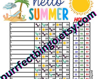 90 Bälle + Hält Bingo Boards Karte Sommer Strand und Sonne Thema | 1 Digitaler Download Druckfertiges PDF