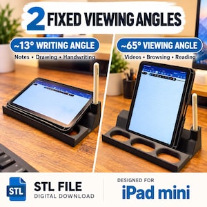 May include: A black tablet stand designed for an iPad mini, featuring two fixed viewing angles: a 13-degree writing angle for notes and drawing, and a 65-degree viewing angle for videos and reading. The stand includes a stylus holder and slots.