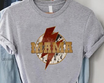 Mama Lightning Bolt Shirt Cow Print Western Retro Motherhood Gift
