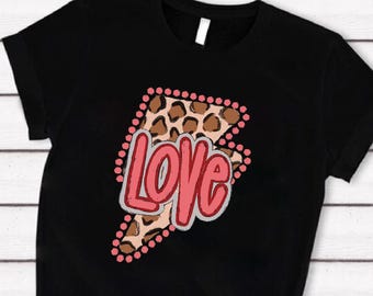 Leopard Lightning Bolt Love Shirt, Retro Rock Valentine Tee, Edgy Gift
