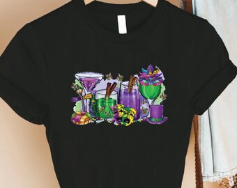 Mardi Gras Drink shirt,Wine Glasses Mardi Gras,Mardi Gras Carnival Gift,Fat Tuesday Wine Shirt,Mardi Gras Parade Costume, Drinking Party Tee