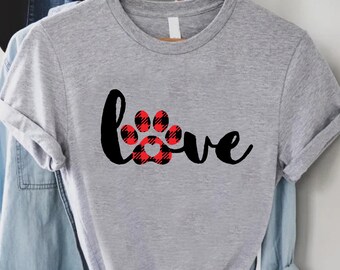 Love Paw Print Shirt Buffalo Plaid Dog Mom Gift Puppy Lover Aesthetic