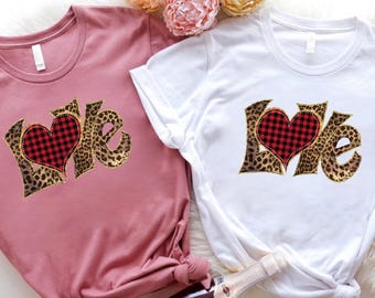 Plaid Leopard Love Shirt, Buffalo Check Heart Tee, Animal Print Top