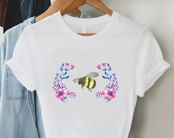 Floral Bee Shirt, Bee T-Shirt, Nature Shirt, Gift For Bee Lover, Women's Floral Tee, Bee Botanical Shirt, Beekeeper Gift, Positive Honey Bee