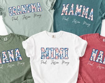 Custom Floral Comfort Colors ® Shirt, Personalized Grandkids Name Gift