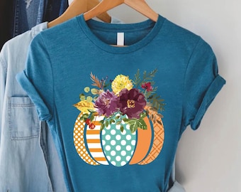 Floral Pumpkin Shirt,Fall Pumpkin Tshirt,Fall Gifts for Women,Pumpkin Season Tee,Womens Fall Clothing,Flower Pumpkin Shirt,Thanksgiving Gift