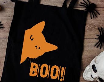 Halloween Cat Tote Bag, Boo Ghost Gift, Spooky Season Trick Or Treat