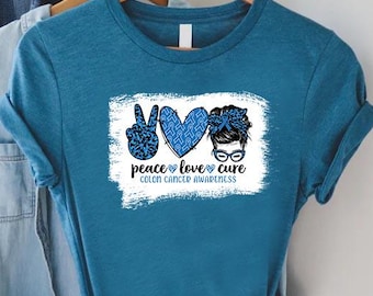 Colon Cancer Warrior Shirt, Peace Love Cure Colon Cancer Tee, Ribbon Messy Bun Colon Cancer, Colon Cancer Awareness Shirt,Cancer Aware Shirt