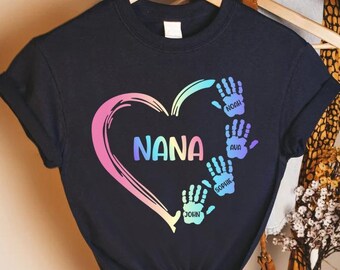 Nana Shirt Personalized Handprint Heart Custom Grandkids Names Gift