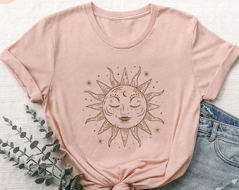 Sun Shirt,Celestial Graphic Tee,Sun Moon Tshirt,Gift for Women,Magic Sun T shirt,Vintage Boho Tee,Bohemian Sun Tee, Gift For Astrology Lover