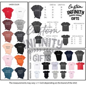 Puede incluir: Se muestran varias camisetas de diferentes colores, como rojo, blanco, negro y rosa. La imagen tambi&eacute;n muestra tablas de tallas para estilos unisex, cuello en V, ni&ntilde;o peque&ntilde;o, juvenil y body. El texto de la imagen dice "Custom Infinity Gifts."
