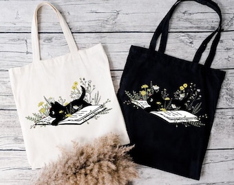 Cat Book Tote Bag, Book Lover Gift, Books Tote Bag, Bookish Tote bag, Reading Tote Bag, Cat Lover Bag, Reader Tote Bag, Library Tote Bag