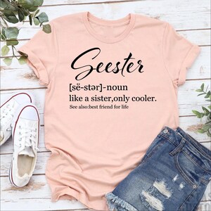 May include: A pink t-shirt with the word "Seester" written in black cursive lettering. The word is defined as "[së-stər]-noun like a sister, only cooler. See also:best friend for life."