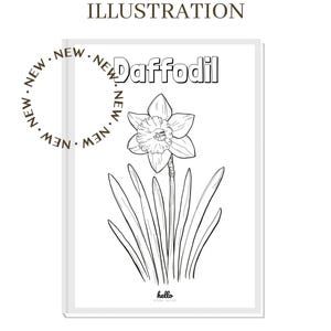 Puede incluir: Un dibujo en blanco y negro de una flor de narciso con la palabra "Daffodil" en un c&iacute;rculo de la palabra "New" a su alrededor. El texto "hello little sprout" est&aacute; en la parte inferior de la imagen.