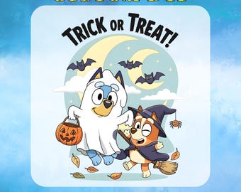 May include: A Halloween-themed graphic featuring two cartoon dogs. One is dressed as a ghost holding a jack-o'-lantern, and the other is a witch. The words "Trick or Treat!" are above the dogs, with "Custom DTF" and "Ready to Press" text.