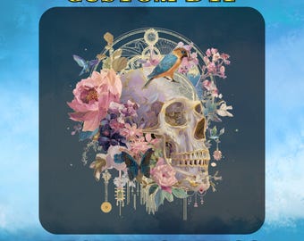 Floral Skull DTF Transfer, Gothic Boho Ready To Press, Vintage Skull Heat Transfer, Dark Botanical Bird Design