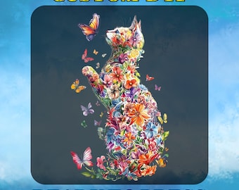 Floral Cat DTF Transfer, Colorful Cat Ready To Press, Butterfly Cat Heat Transfer, Boho Garden Kitty Design