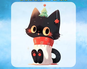Cute Black Cat DTF Transfer, Christmas Cat Ready To Press, Kawaii Kitty Heat Transfer Ready, Holiday Cat Lover Design