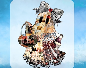 May include: A Halloween ghost design with a patchwork pattern, a large bow, and a pumpkin-shaped basket. The ghost is decorated with spiders and a spiderweb. The text "CUSTOM DTF" and "READY TO PRESS" are displayed.