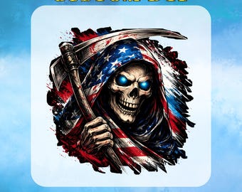 Patriotic Grim Reaper DTF Transfer, American Flag Skull Sublimation, 4th Of July Shirt Skeleton Art Design, USA Freedom Heat Transfer