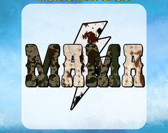 Mama Camo Lightning Bolt Shirt DTF Transfer, Girls Camo Ready to Press, Hunting Mama DTF, Camo Mama Cowhide Tee, Hunting Wife DTF Gang Sheet