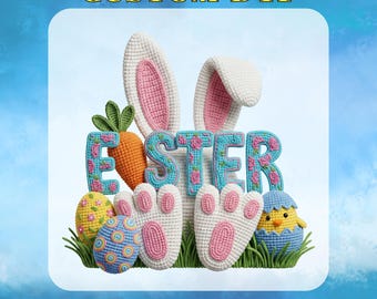 Happy Easter Faux Yarn DTF Transfer, Preppy Easter Bunny Rabbit Chick Carrot Egg Ready to Press, Faux Yarn Boho Easter, Latch Hook Crochet
