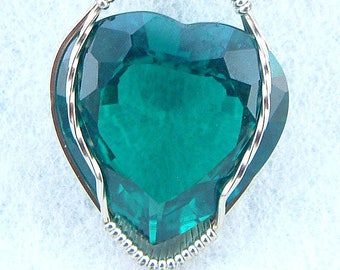 Emerald Heart pendant, wire wrapped in white gold jewelry