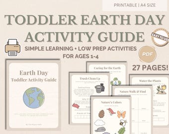 Puede incluir: Guía de actividades imprimible del Día de la Tierra para niños pequeños, tamaño A4. La portada muestra una ilustración del globo terráqueo y el título "Earth Day Toddler Activity Guide". Incluye actividades para niños de 1 a 4 años.