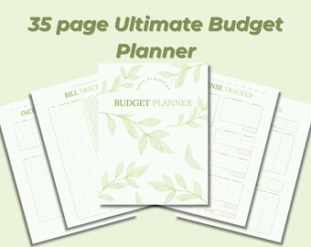 Puede incluir: Un planificador de presupuesto de 35 páginas con un diseño floral. La portada presenta el texto "Total Finances Budget Planner" con hojas verdes sobre un fondo blanco. Las páginas incluyen secciones para el seguimiento de facturas, ingresos, seguimiento de gastos y presupuesto mensual.