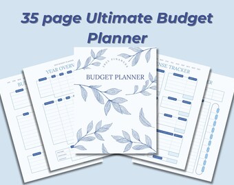 Puede incluir: Un planificador de presupuesto de 35 páginas con un diseño floral. La portada presenta un patrón floral azul sobre un fondo blanco con el texto "2023 Finance Budget Planner". Las páginas incluyen secciones para la visión general del año, el presupuesto mensual, el seguimiento de gastos y las metas de ahorro.