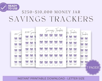Puede incluir: Hojas de seguimiento de ahorros para tarro de dinero imprimibles con un diseño morado y blanco. Las hojas están etiquetadas con cantidades de $ 250 a $ 10 000. El texto "¡7 páginas!" está en un círculo morado en la esquina inferior derecha de la imagen.