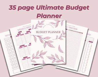 Puede incluir: Un planificador de presupuesto de 35 páginas con un diseño floral. La portada presenta un fondo blanco con ilustraciones florales rosas y el texto "Love Finance" y "Budget Planner".