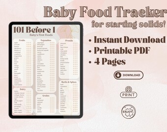 Puede incluir: Una tableta digital muestra un rastreador de alimentos para bebés con listas de frutas, verduras, proteínas, lácteos, granos, hierbas y especias. El texto dice "Baby Food Tracker for starting solids!" y "101 Before 1 Baby's First Foods."
