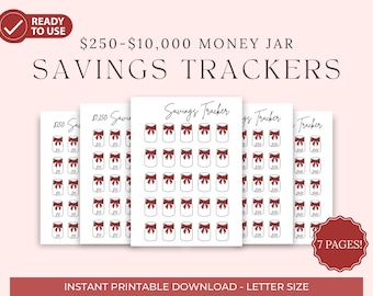 Puede incluir: Hojas de seguimiento de ahorros para tarro de dinero imprimibles con un diseño de lazo rojo. Las hojas están etiquetadas con cantidades de 150 € a 10 000 €. Hay 7 páginas en total.
