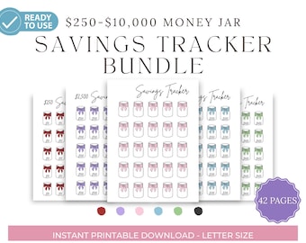 Puede incluir: Paquete de rastreadores de ahorros imprimibles con cuatro esquemas de colores diferentes: rojo, morado, rosa, azul y verde. Cada rastreador tiene 42 páginas y presenta un diseño de tarro de dinero con un lazo. El texto en la página dice "$ 250 - $ 10,000 Money Jar Savings Tracker Bundle".