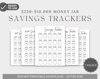 Puede incluir: Un conjunto de rastreadores de ahorro imprimibles en blanco con ilustraciones de tarros. El texto dice "$250-$10,000 Money Jar Savings Trackers" y "Descarga imprimible instantánea - Tamaño carta". La imagen incluye el texto "Ready to Use" y "7 Pages!"