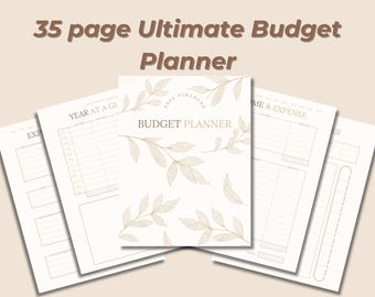 Puede incluir: Un planificador de presupuesto de 35 páginas con un diseño floral. La portada presenta un fondo blanco con ramas doradas y el texto "BUDGET PLANNER".